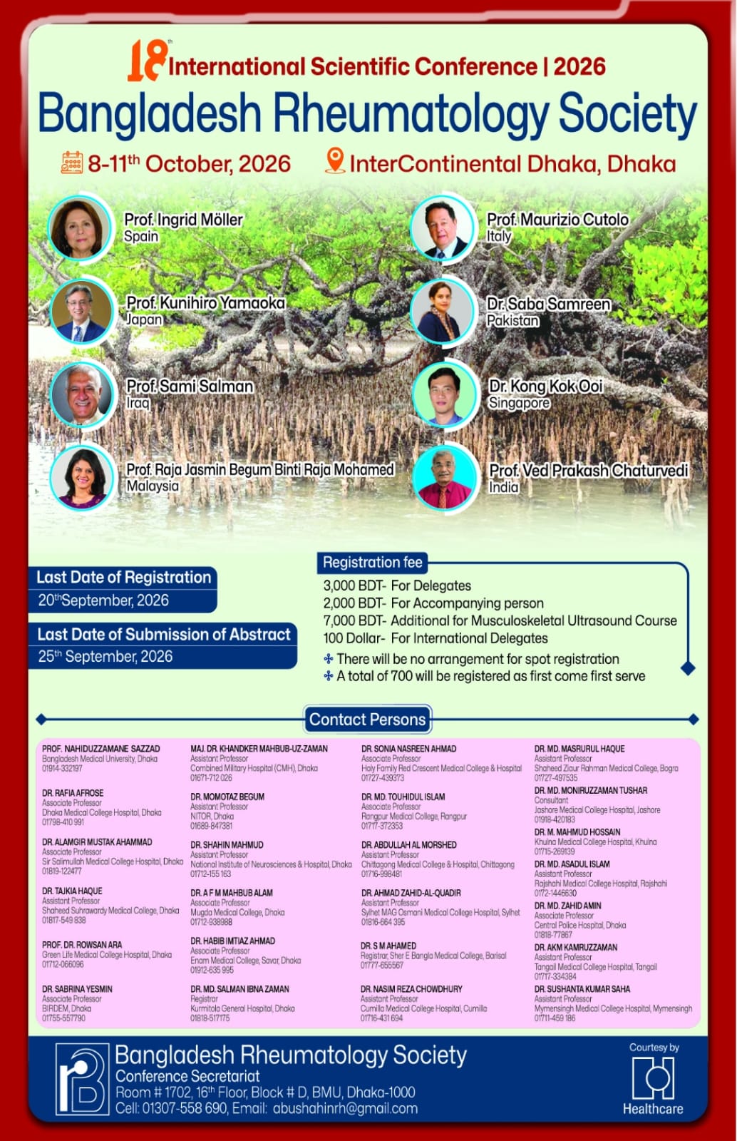 Cartel del 18.º Congreso Científico Internacional de la Bangladesh Rheumatology Society, celebrado del 8 al 11 de octubre de 2026 en Daca