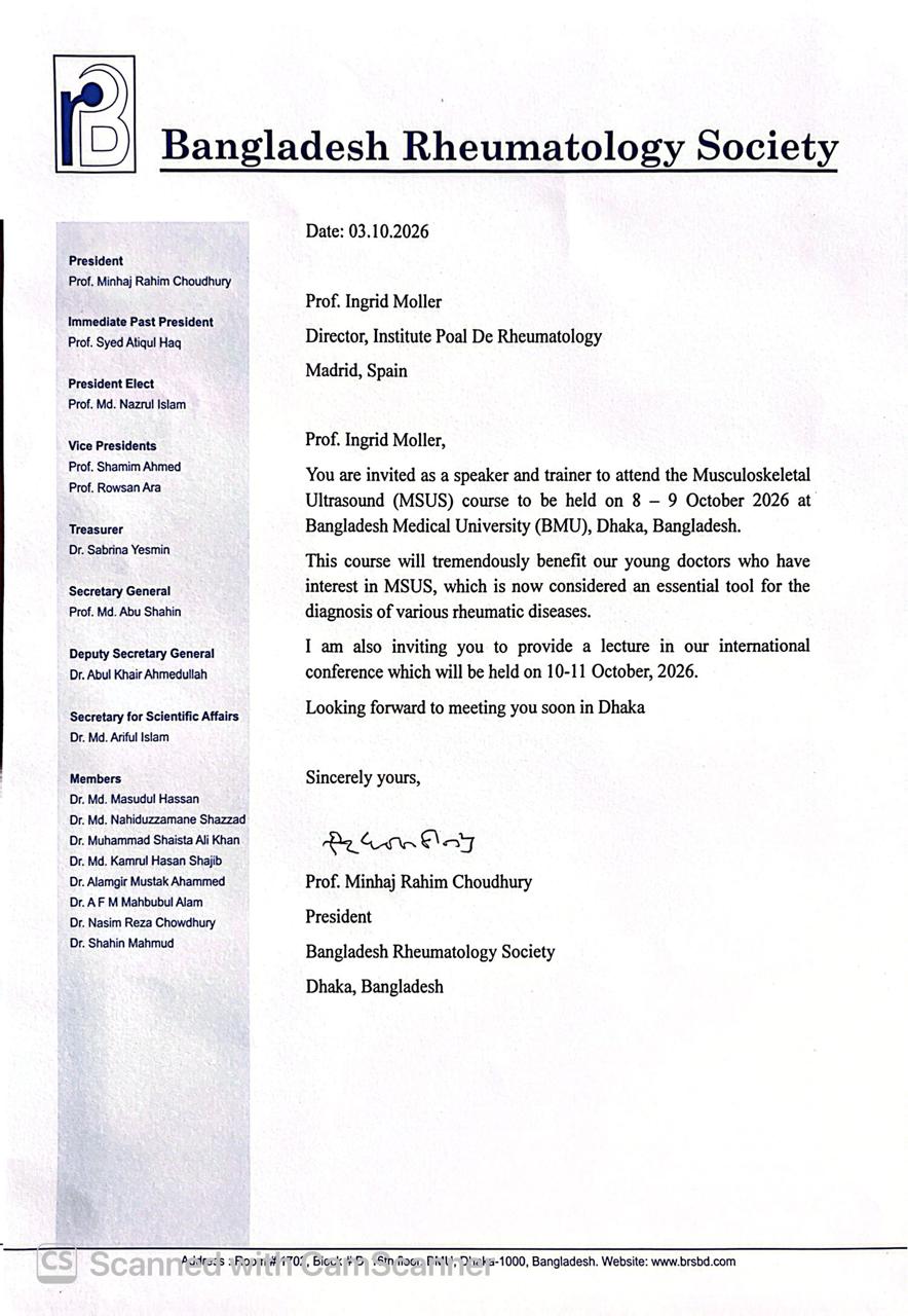 Carta de la Bangladesh Rheumatology Society que invita a la Dra. Ingrid Möller como ponente y formadora