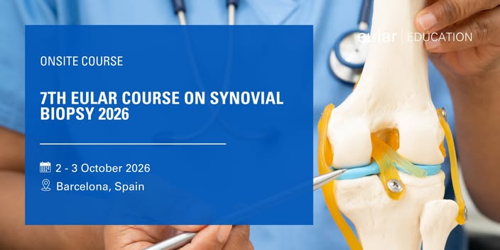 Cartel del 7.º Curso EULAR sobre Biopsia Sinovial, celebrado en Barcelona los días 2 y 3 de octubre de 2026